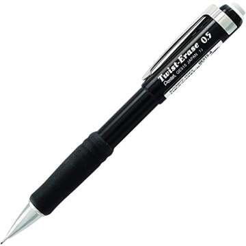 Pentel Mechanical Pencil 0.5 mm Twist Erase III - Twist Up Eraser - Pre-Loaded Super Hi-Polymer HB Lead - Black Barrel - 3-Pack - Fine Point