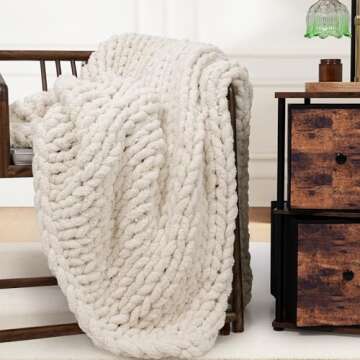 Touchat Chunky Knit Blanket Throw, 50"x60" Crochet Chenille Throw Blanket, Handmade Cozy Cream Cable Knit Throw Blanket Boho Bedroom Decor, Soft Fluffy Beige Knot Blanket for Couch Bed