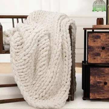 Touchat Chunky Knit Blanket Throw, 50"x60" Crochet Chenille Throw Blanket, Handmade Cozy Cream Cable Knit Throw Blanket Boho Bedroom Decor, Soft Fluffy Beige Knot Blanket for Couch Bed