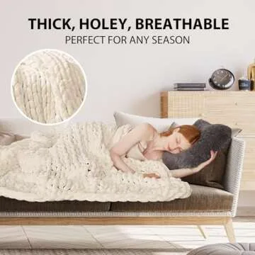 Touchat Chunky Knit Blanket Throw, 50"x60" Crochet Chenille Throw Blanket, Handmade Cozy Cream Cable Knit Throw Blanket Boho Bedroom Decor, Soft Fluffy Beige Knot Blanket for Couch Bed