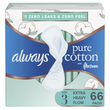Always Pure Cotton Feminine Pads, Size 3, Extra Heavy Flow, Unscented, 66 Count