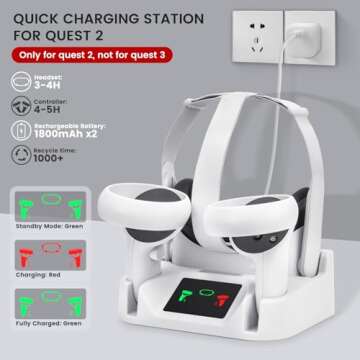 alcopanda Charging Dock for Meta Quest 2,VR Charging Station for Oculus Quest 2 Touch Controller and VR Headset with 2 Rechargeable Batteries and USB-C Charger,Support Elite Strap (not for Quest 3)