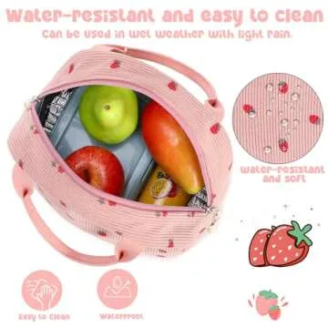 Bluboon Lunch Bag for Women Men Cute Corduroy Lunch Tote Bags Reusable Insulated Lunch Box Large Capacity Reusable Insulated Cooler for Work Picnic or Travel (Corduroy strawberry pink)