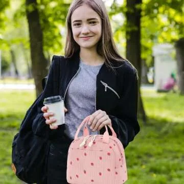 Bluboon Lunch Bag for Women Men Cute Corduroy Lunch Tote Bags Reusable Insulated Lunch Box Large Capacity Reusable Insulated Cooler for Work Picnic or Travel (Corduroy strawberry pink)