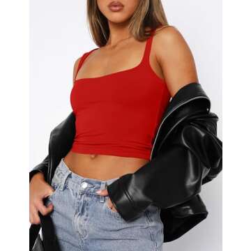 Mokoru Women's Sexy Sleeveless Square Neck Tank Top Double Lined Basic Crop Tops, Medium, Red