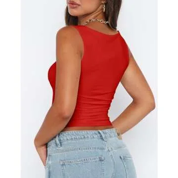 Mokoru Women's Sexy Sleeveless Square Neck Tank Top Double Lined Basic Crop Tops, Medium, Red