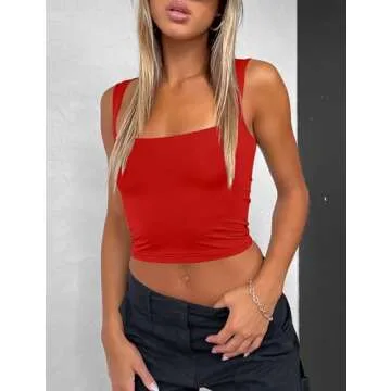Mokoru Women's Sexy Sleeveless Square Neck Tank Top Double Lined Basic Crop Tops, Medium, Red