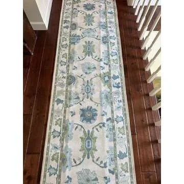 Green Oushak Runner Rug, Modern Runners, Vintage, Turkish, Eclectic, Floral, Pastel, Washable, Long Runner Rugs for Hallway, Kitchen, Living Room, Bedroom, Kitchen, Bathroom, 2'5"x13'