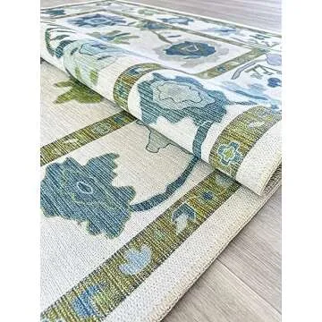 Green Oushak Runner Rug, Modern Runners, Vintage, Turkish, Eclectic, Floral, Pastel, Washable, Long Runner Rugs for Hallway, Kitchen, Living Room, Bedroom, Kitchen, Bathroom, 2'5"x13'