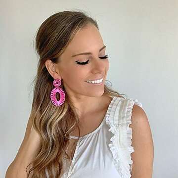 Statement Raffia Earrings Boho Drop Dangle Earrings for Women Handmade Fashion Earring Bohemian Gift Jewelry(Rose)