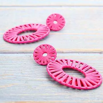 Statement Raffia Earrings Boho Drop Dangle Earrings for Women Handmade Fashion Earring Bohemian Gift Jewelry(Rose)