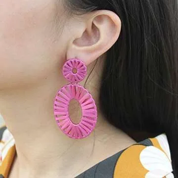 Statement Raffia Earrings Boho Drop Dangle Earrings for Women Handmade Fashion Earring Bohemian Gift Jewelry(Rose)