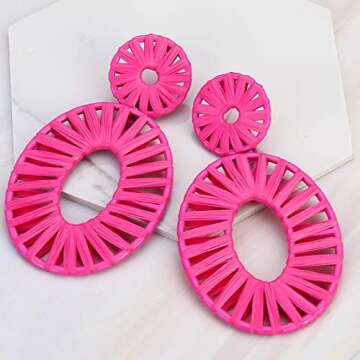 Statement Raffia Earrings Boho Drop Dangle Earrings for Women Handmade Fashion Earring Bohemian Gift Jewelry(Rose)