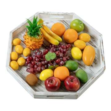 MyGift 20 Inch Shabby White Washed Solid Wood Decorative Octagon Shaped Tray, Wooden Octagonal Servi...