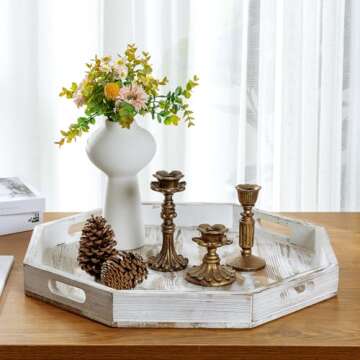 MyGift 20 Inch Shabby White Washed Solid Wood Decorative Octagon Shaped Tray, Wooden Octagonal Serving Platter with 4 Cutout Handles, Table Centerpiece Home Decor