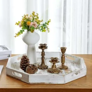 MyGift White Washed 20-Inch Octagonal Wooden Tray