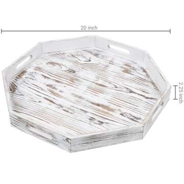 MyGift 20 Inch Shabby White Washed Solid Wood Decorative Octagon Shaped Tray, Wooden Octagonal Serving Platter with 4 Cutout Handles, Table Centerpiece Home Decor