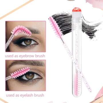 Disposable Mascara Wands Tube Set 10Pcs Shiny Diamond Lash Brush Eyelash Spoolies With Tube Mascara Wands Makeup Tool for Eyelash Extensions(Pink)
