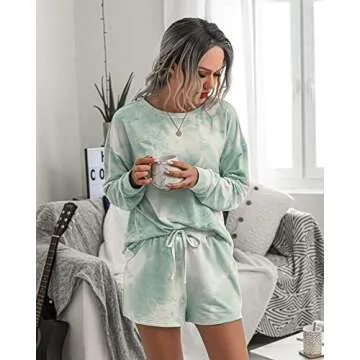 PRETTYGARDEN Women's Tie Dye Printed Pajamas Set Casual Long Sleeve Tops with Lounge Shorts Two Piece Sleepwear (Green,Small)