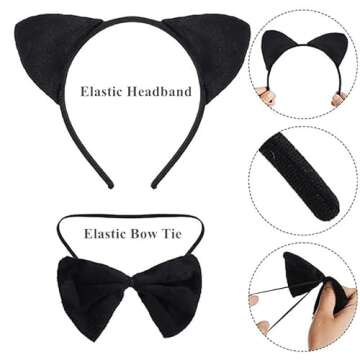 Lifemajic 3 pcs Cat Costume Halloween Accessory Set for Women - Cat Ears Headband, Tail, and Bowtie - Fancy Animal Cosplay (Black Cat)