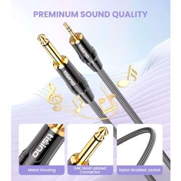 tisino 1/4 Mono to 1/8 Stereo Cable, 3.5mm TRS Stereo to 1/4 inch TS Mono Interconnect Cable (Mono to Stereo Adapter) - 3 feet