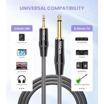 tisino 1/4 Mono to 1/8 Stereo Cable, 3.5mm TRS Stereo to 1/4 inch TS Mono Interconnect Cable (Mono to Stereo Adapter) - 3 feet