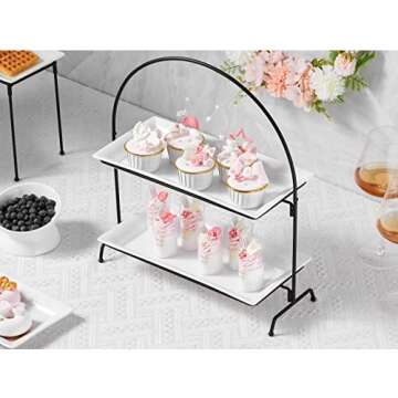 ONEMORE 2-Tier Large Serving Tray, Collapsible Arch Food Display Two Tiered Tray Stand with Rectangular Ceramic Platters Perfect for Parties and Entertaining - Bright White