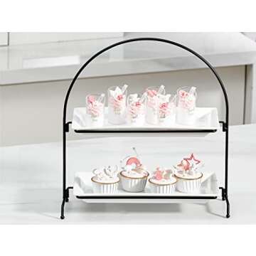 ONEMORE 2-Tier Large Serving Tray, Collapsible Arch Food Display Two Tiered Tray Stand with Rectangular Ceramic Platters Perfect for Parties and Entertaining - Bright White
