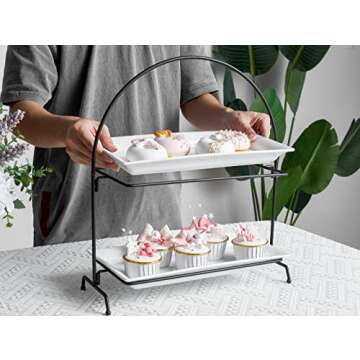 ONEMORE 2-Tier Large Serving Tray, Collapsible Arch Food Display Two Tiered Tray Stand with Rectangular Ceramic Platters Perfect for Parties and Entertaining - Bright White