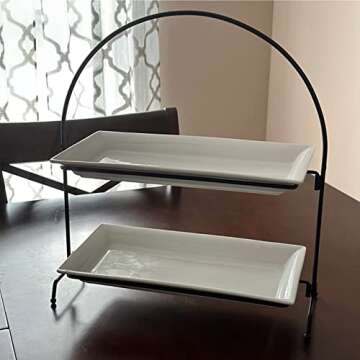 ONEMORE 2-Tier Large Serving Tray, Collapsible Arch Food Display Two Tiered Tray Stand with Rectangular Ceramic Platters Perfect for Parties and Entertaining - Bright White