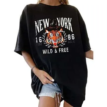 LilyCoco Women's Oversized Short Sleeve Tiger Graphic Tees New York Print T-Shirts Black Tiger Medium