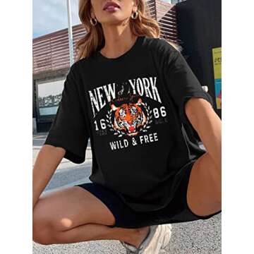 LilyCoco Women's Oversized Short Sleeve Tiger Graphic Tees New York Print T-Shirts Black Tiger Medium