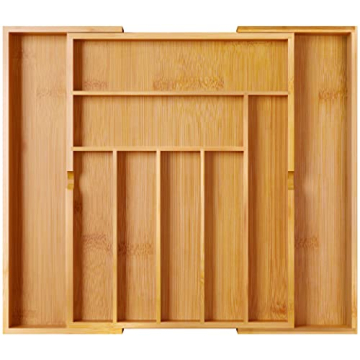 BAMEOS Bamboo Drawer Organizer Adjustable Kitchen Organizer