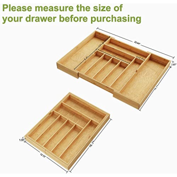 BAMEOS Bamboo Drawer Organizer Adjustable Kitchen Organizer