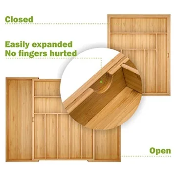 BAMEOS Bamboo Drawer Organizer Adjustable Kitchen Organizer
