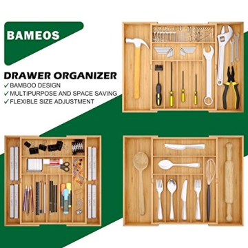 BAMEOS Bamboo Drawer Organizer Adjustable Kitchen Organizer