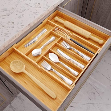 BAMEOS Bamboo Drawer Organizer Adjustable Kitchen Organizer