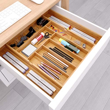 BAMEOS Bamboo Drawer Organizer Adjustable Kitchen Organizer