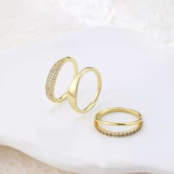 Sargetou 3PCS Gold Rings Set For Women Dainty 14K Gold Plated Rings CZ Stackable Gold Rings For Women Non Tarnish Size 7