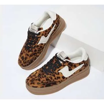 LUCKY STEP Women's Platform Fashion Sneakers Thick Sole Suede Genuine Leather Classic Rubber Gum Sole Low Top Casual Walking Shoes(Brown/Leopard,8.5 B(M) US)