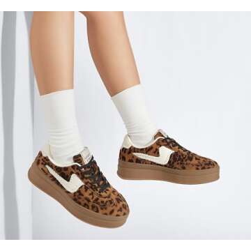 LUCKY STEP Women's Platform Fashion Sneakers Thick Sole Suede Genuine Leather Classic Rubber Gum Sole Low Top Casual Walking Shoes(Brown/Leopard,8.5 B(M) US)