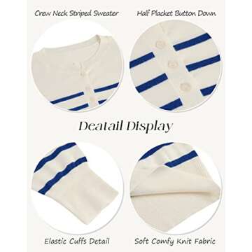 Womens Striped Henley Sweater Soft Lightweight Comfortable