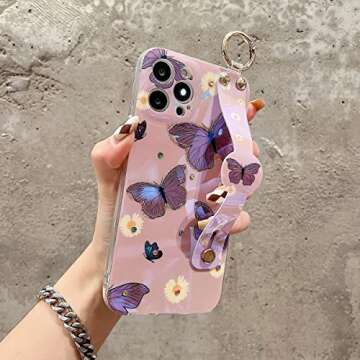 Lastma for iPhone 12 Pro Max Case Cute with Wrist Strap Kickstand Glitter Bling Cartoon IMD Soft TPU Shockproof Protective Cases Cover for Girls and Women - Butterfly