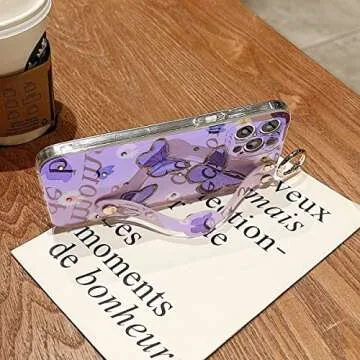 Lastma for iPhone 12 Pro Max Case Cute with Wrist Strap Kickstand Glitter Bling Cartoon IMD Soft TPU Shockproof Protective Cases Cover for Girls and Women - Butterfly