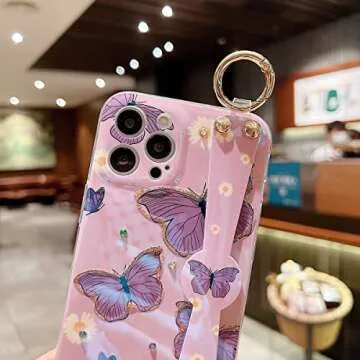 Lastma for iPhone 12 Pro Max Case Cute with Wrist Strap Kickstand Glitter Bling Cartoon IMD Soft TPU Shockproof Protective Cases Cover for Girls and Women - Butterfly