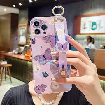Lastma for iPhone 12 Pro Max Case Cute with Wrist Strap Kickstand Glitter Bling Cartoon IMD Soft TPU Shockproof Protective Cases Cover for Girls and Women - Butterfly