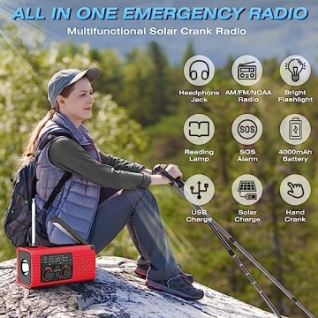 NITIGO NOAA Emergency Weather Radio, 4000mAh Weather Alert Radio Solar Charging, Hand Crank & USB Charged, AM/FM Radio with LED Flashlight, Reading Lamp, SOS Alarm, Headphone Jack for Outdoor