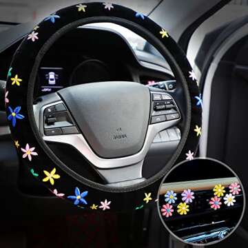 Cute Flower Car Accessories Set for Women Girls Embroidery Floral Steering Wheel Cover for Universal...