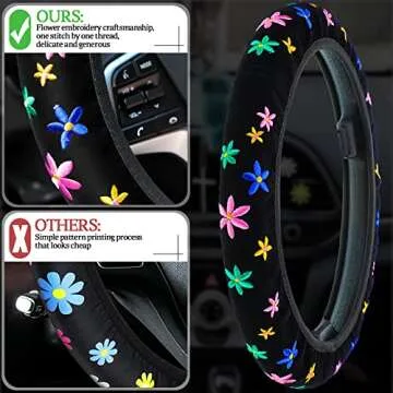 Cute Flower Car Accessories Set for Women Girls Embroidery Floral Steering Wheel Cover for Universal Fit 14.5-15 Inch with 8 Pcs Colorful Daisy Car Air Vent Clips Automotive Car Interior Decorations