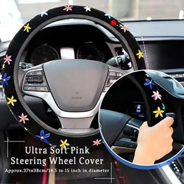 Cute Flower Car Accessories Set for Women Girls Embroidery Floral Steering Wheel Cover for Universal Fit 14.5-15 Inch with 8 Pcs Colorful Daisy Car Air Vent Clips Automotive Car Interior Decorations